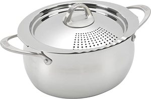 lot 91367 image: Bialetti 6 Quart Pasta Pot with Strainer Lid, Stainless-Steel � Elongated Oval Pot for Long Spaghetti, Lasagna, Penne & Farfalle, Heat Resistant Handles & Nonstick Interior, Large Pot for Cooking