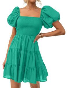 lot 91377 image: ZESICA Womens 2024 Boho Summer Square Neck Puff Sleeve Off Shoulder Smocked Tiered Casual A Line Short Mini Dress,Green,Small