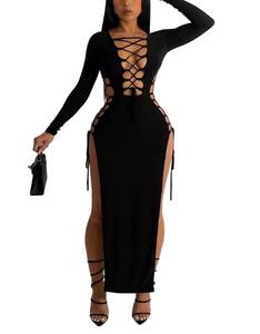 lot 91385 image: Womens Sexy Long Sleeve Hollow Out Lace Up Bodycon Bandage High Slit Clubwear Party Midi Long Dress Black