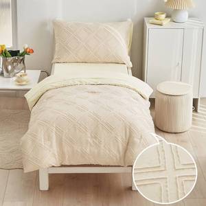 lot 91388 image: 4 Pieces Tufted Toddler Bedding Set Solid Beige Jacquard Tufts, Soft and Embroidery Shabby Chic Boho Bohemian Design for Baby Boys n Girls, Includes Comforter, Flat Sheet, Fitted Sheet and Pillowcase