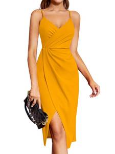 lot 91391 image: Laughido Wrap Midi Party Cami Dresses Womens Sleeveless Spaghetti Strap V Neck Ruched Bodycon Slit Cocktail Dress (Yellow, Small)