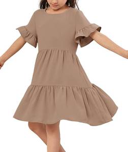 lot 91397 image: Geckatte Girls Dresses Summer Casual Floral Print Ruffle Short Sleeve Tiered Pleated Kids A-Line T-Shirt Dress Size 5-14