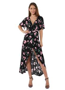 lot 91400 image: Wrap Maxi Dress Short Sleeve V Neck Floral Flowy Front Slit High Low Women Summer Beach Party Wedding Dress (Black, XX-Large)