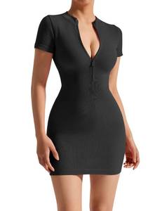lot 91404 image: SUUKSESS Women Summer Dresses Sexy Ribbed Zip up Front Short Sleeve Mini Dress Bodycon Tshirt Dresses (Black,L)