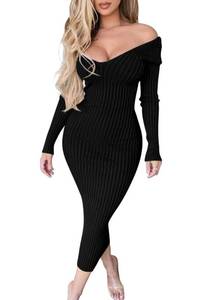 lot 91405 image: BEAGIMEG Womens Sexy Long Sleeve Off Shoulder Knit Bodycon Long Dress Black