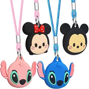 lot 91415 image: Airtag Silicone Holder AirTag Holder for Kids  4 Pack  Cute Cartoon Air tag Necklace Keychain for Kids & Adults, Soft Silicone Cover for AirTags with Key Ring - Black, Blue