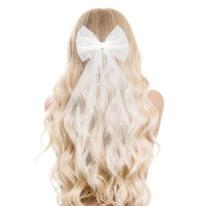 lot 91416 image: Bridal Pearl Hair Bow Veil Bridesmaid Large Hair Bow Wedding Veil with Barrette Bachelorette Party Decorations Bridal Bridesmaid Gift (White)