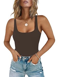 lot 91417 image: Chunpin Womens Square Neck Sleeveless Bodysuit Double Lined Tops Thong Bodysuit Coffee S