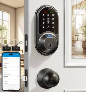 lot 91434 image: Veise Smart Locks for Front Door, 2 Knob Handle Set, Fingerprint Keyless Entry, App Control Biometric Door Lock, Electronic Digital Touchscreen Keypad Deadbolt, Easy Install, Auto Lock, Matte Black - Retail $169.24