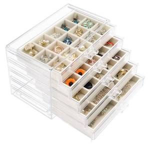 lot 91466 image: Watpot Acrylic Jewelry Box with 5 Drawers, Clear Earring Storage Organizer Display Case for Women Girls, Beige