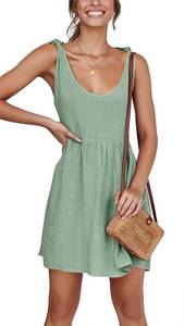 lot 91474 image: CNJFJ Womens Summer Shoulder Tie Strap Babydoll Dress Casual Scoop Neck A-Line Skater Swing Mini Sundress (Green, X-Small)