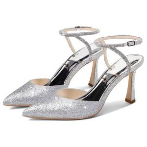 lot 91477 image: Coutgo Women Rhinestone Heels Kitten High Satin Pumps Pointed Toe Sparkly Sexy Wedding Dress Shoes Silver