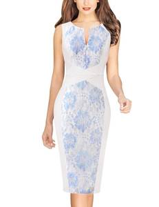lot 91486 image: VFSHOW Womens Off White and Blue Floral Lace Slim Fitted Cocktail Party Bodycon Pencil Sheath Silhouette Dress 9613 WHT M