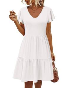 lot 91489 image: HOTOUCH Womens Babydoll Dress V Neck Smocked Tiered Dress Ruffle Hem Fit and Flare Dresses with Pockets White Large