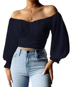 lot 91491 image: MIRACMODA Womens Elegant Off The Shoulder Puff Sleeve Blouse Summer Chiffon Slim Fit Party Crop Top Dark Blue