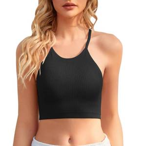 lot 91498 image: INIBUD Sports Bras for Women Longline High Neck Support Racerback Ribbed Padded Bralette Tank Tops with Built in Bras (S, Black)