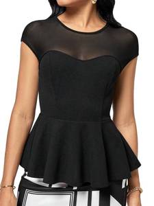 lot 91506 image: OYOANGLE Womens Elegant Sheer Mesh Cap Sleeve Ruffle Hem Flared Work Peplum Blouse Tops Black Medium