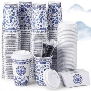 lot 91510 image: Sherr 100 Pack Paper Coffee Cups Disposable Coffee Cups with Lids Coffee Cups with Sleeves and Straws Blue and White Paper Coffee Cups Floral Pattern Paper Cups for Office, Home, Tea Party (16 oz)