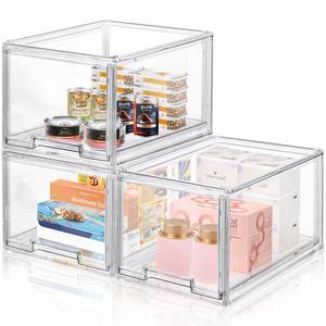 lot 91511 image: 3 Packs Plastic Stackable Storage Drawers, DILIBRA Clear Storage Bins Organizer with Pull Out Drawer for Kitchen Cabinet Pantry Fridge Freezer Shelf Refrigerator Organization and Storage