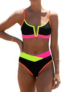 lot 91515 image: popvil Womens Sexy V Neck Bikini Sets High Waisted Bathing Suit Neon Color Block Swimsuits Black Large