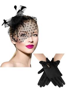 lot 91517 image: Geyoga 50s Fascinator Hat for Women Funeral Veil Hat Pillbox Cocktail Tea Party Headpiece and Lace Glove (Black,Elegant Style)