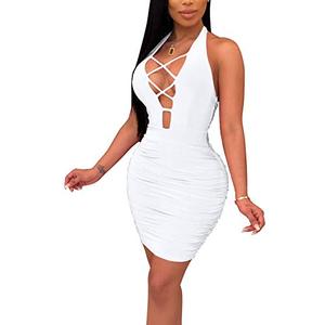 lot 91526 image: Antopmen Women Summer V Neck Sleeveless Front Lace Up Backless Ruched Bodycon Mini Club Dress (Large, White)