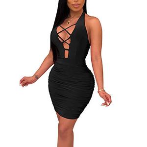 lot 91527 image: Antopmen Women Summer V Neck Sleeveless Front Lace Up Backless Ruched Bodycon Mini Club Dress(Medium,Black)