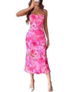 lot 91528 image: GORGLITTER Womens Floral Backless Bodycon Midi Dress Mesh Sleeveless Fishtail Cami Dresses Pink Small
