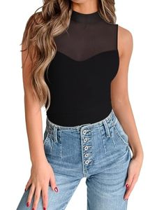 lot 91534 image: PINKMSTYLE Sexy Sleeveless Mock Neck Mesh Sheer Bodysuit for Women Double Lined Tank Tops Summer Outfits Black Large