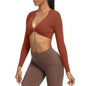 lot 91536 image: Aoxjox Long Sleeve Crop Tops for Women Sienna Twist Deep V Workout Crop T Shirt Top (Cherry Mahogany, Medium)