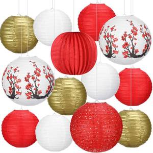 lot 91548 image: Bencailor 13 Pcs Chinese Japanese Paper Lantern Chinese New Year Lantern Decorative Hollow out Round Plum Blossom Red White Gold Chinese Lantern Chinese Party Decor for Spring Festival (Vivid Color)