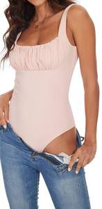 lot 91552 image: BEJONS Women Elegant Y2k Black Bodysuits Thong Square Neck Double Lined Ruched Sleeveless Body Suit Tank Top Casual Going Out Summer Vacation Teacher Outfits Light Coral Pink M