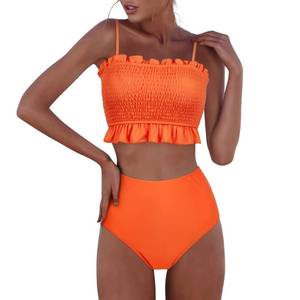 lot 91553 image: RXRXCOCO Womens Shirred Bandeau Bikini Cute Two Piece Swimsuit Off Shoulder High Waist Bathing Suit Orange X-Large