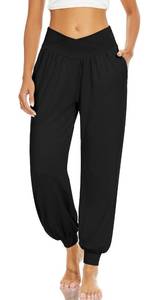 lot 91557 image: SUNYAA Womens Black Harem Pants Crossover High Waisted Flowy Yoga Joggers Casual Loose Comfy Pajamas Lounge Sweatpants with Pockets L