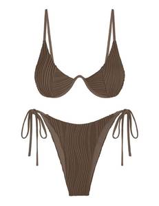 lot 91570 image: ZAFUL Underwire 2 Piece Swimsuits for Women Ribbed Clasp Back Bikini Sets with High Hip Built-in Cups Deep Coffee S