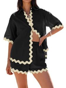 lot 91571 image: Danedvi Womens 2 Piece Outfits Beach Vacation Summer Short Sleeve Button Down Shirts and Shorts Lounge Sets
