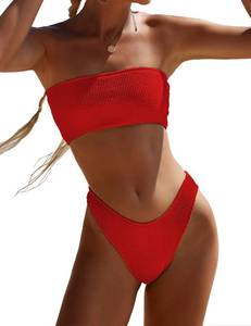 lot 91574 image: Limeeke Womens Bandeau Bikini Set Off Shoulder High Cut Ribbed 2 Piece Swimsuit Bathing Suits White L