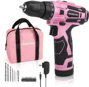 lot 91582 image: WORKPRO Pink Cordless Drill Driver Set, 12V Electric Screwdriver Driver Tool Kit, 38 Keyless Chuck, Charger and Storage Bag Included - Pink Ribbon