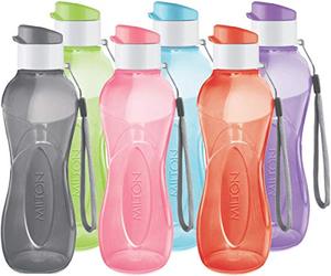 lot 91590 image: MILTON 6- pack -12 oz Kids Water Bottle for School Reusable Leak proof Small Sports Water Bottle BPA Free Durable Plastic Leak Free with Carry Strap for Lunch Travel Cycling Camping Gym Yoga -6 colors