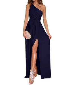 lot 91596 image: LYANER Womens One Shoulder High Split Sleeveless Ruched Cocktail Sexy Maxi Long Dress Solid Navy Blue Medium