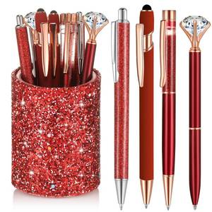 lot 91602 image: Sabary 8 Pcs Ballpoint Pens with Pen Holder for Desk Metal Crystal Diamond Pen Glitter Pencil Holder Fancy Pens Black Ink Bling Desk Organizer for Women Girls Office School Wedding Gifts (Red)