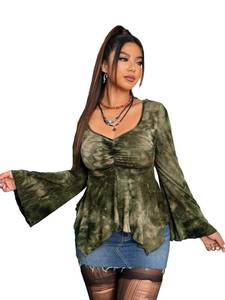 lot 91606 image: COZYEASE Womens Plus Size Print Long Sleeve Tee Tops Casual Ruched Asymmetrical Hem T Shirts Army Green 2XL -CENPM20240524 -CENPM20240621