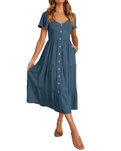 lot 91607 image: KIRUNDO Womens Summer Midi Dress Comfy Linen Button V Neck Ruffle Short Sleeve Swing A Line Midi Sundress Spring Fashion Casual Party Dresses(Blue, Large)