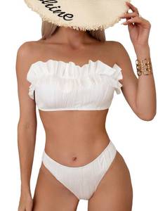 lot 91610 image: OYOANGLE Womens Spaghetti Strap High Waist Swimwear Bandeau Bikini Swimsuit Two Pieces Bikini Set White Medium