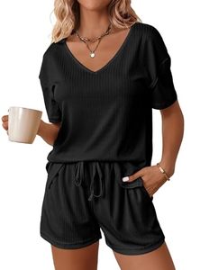 lot 91617 image: Ekouaer Womens Ribbed Knit Lounge Set Short Sleeve Top and Shorts Sleepwear Pajama Set Two Piece Shorts Outfits Set Black
