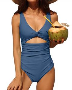 lot 91619 image: Charmo Womens One Piece Swimsuit Ruched Tummy Control High Cut Backless V Neck Bathing Suits Swimwear Blue Gray Large
