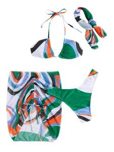 lot 91639 image: Milumia Womens 4 Piece Swimsuits Triangle Bikini Sets Bathing Suit with Mesh Cover Up Beach Skirt & Bandana Multi Green Medium