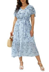 lot 91640 image: Nemidor Womens Casual Plus Size Boho Print Belted Layered Chiffon Long Dress with Ruffle Sleeve NEM310(24,Light Blue)