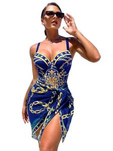 lot 91644 image: Narecte One Piece Swimsuit with Cover Up Set - Bohofeel Chain Print Push Up Bathing Suits with Beach Skirt Sexy Swimwear Royal Blue XL