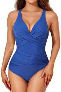 lot 91663 image: Smismivo Tummy Control Swimsuits for Women Slimming One Piece Bathing Suit Modest Padded Ruched Push Up Long Torso Curvy Cute Shapewear V Neck Criss Cross Swimming Full Coverage Swimwear (Blue)